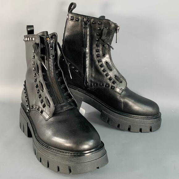 ASH Size 10 Lynch Studs Black Studded Leather Lug Sole Zip Up Combat Boots - Picture 1 of 9